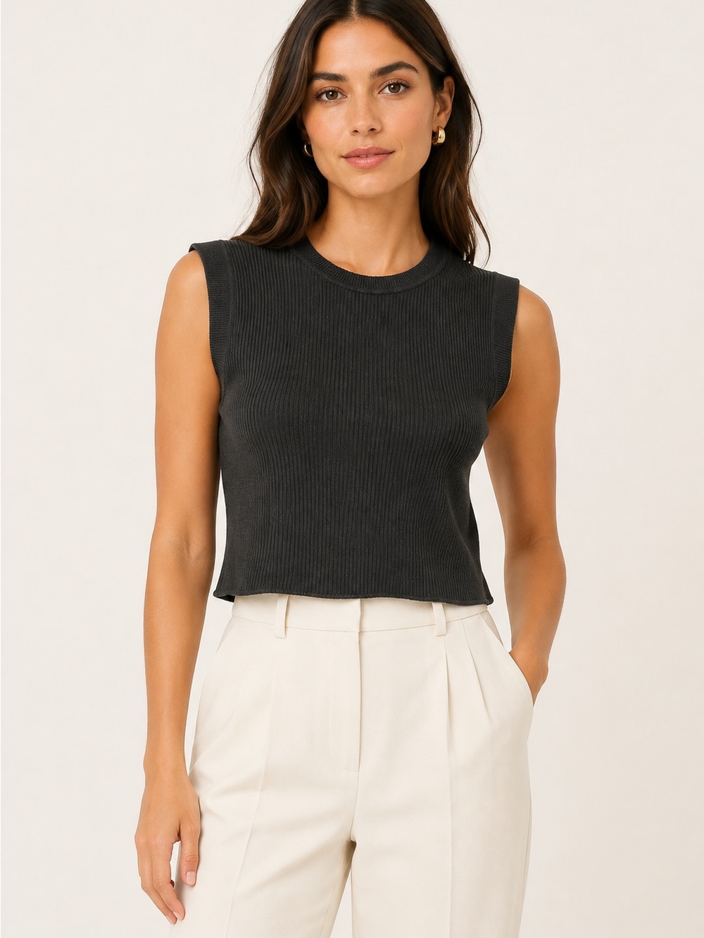 House of Harlow 1960 Black Cropped Ribbed Knit Sweater Vest Top Size L